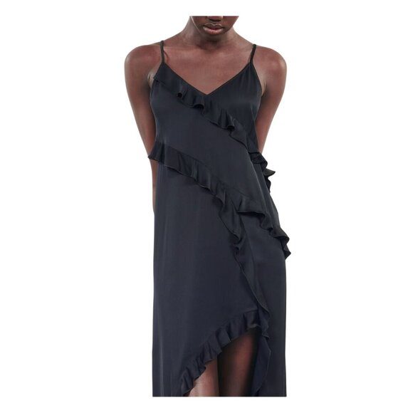 NWT The Kooples Black Long Ruffle Slip Dress Asymmetrical Hem‎ Size US 8 - Picture 10 of 13